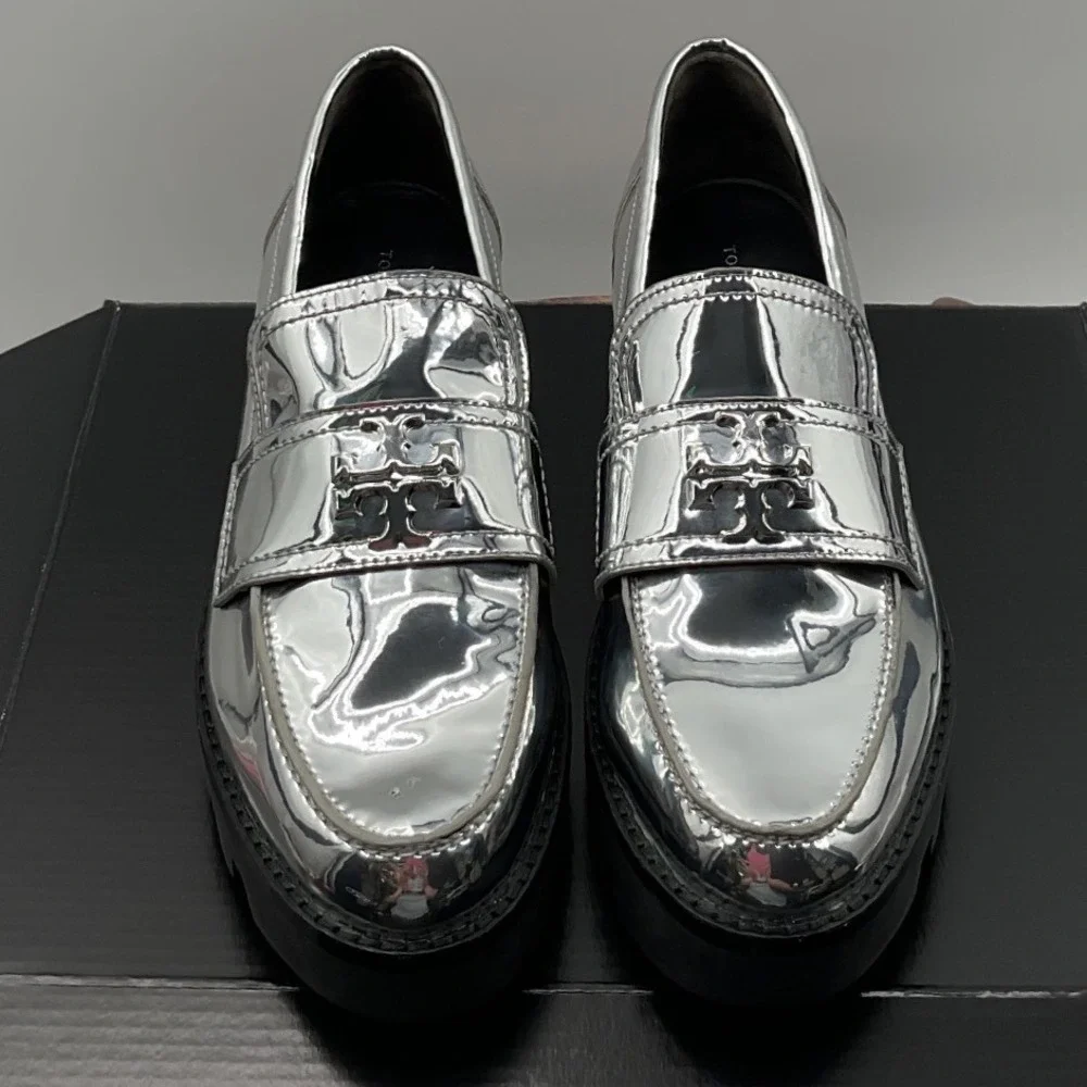 Tory Burch Metallic Silver Lug Sole Loafers Double T Logo Platform Shoes 6M